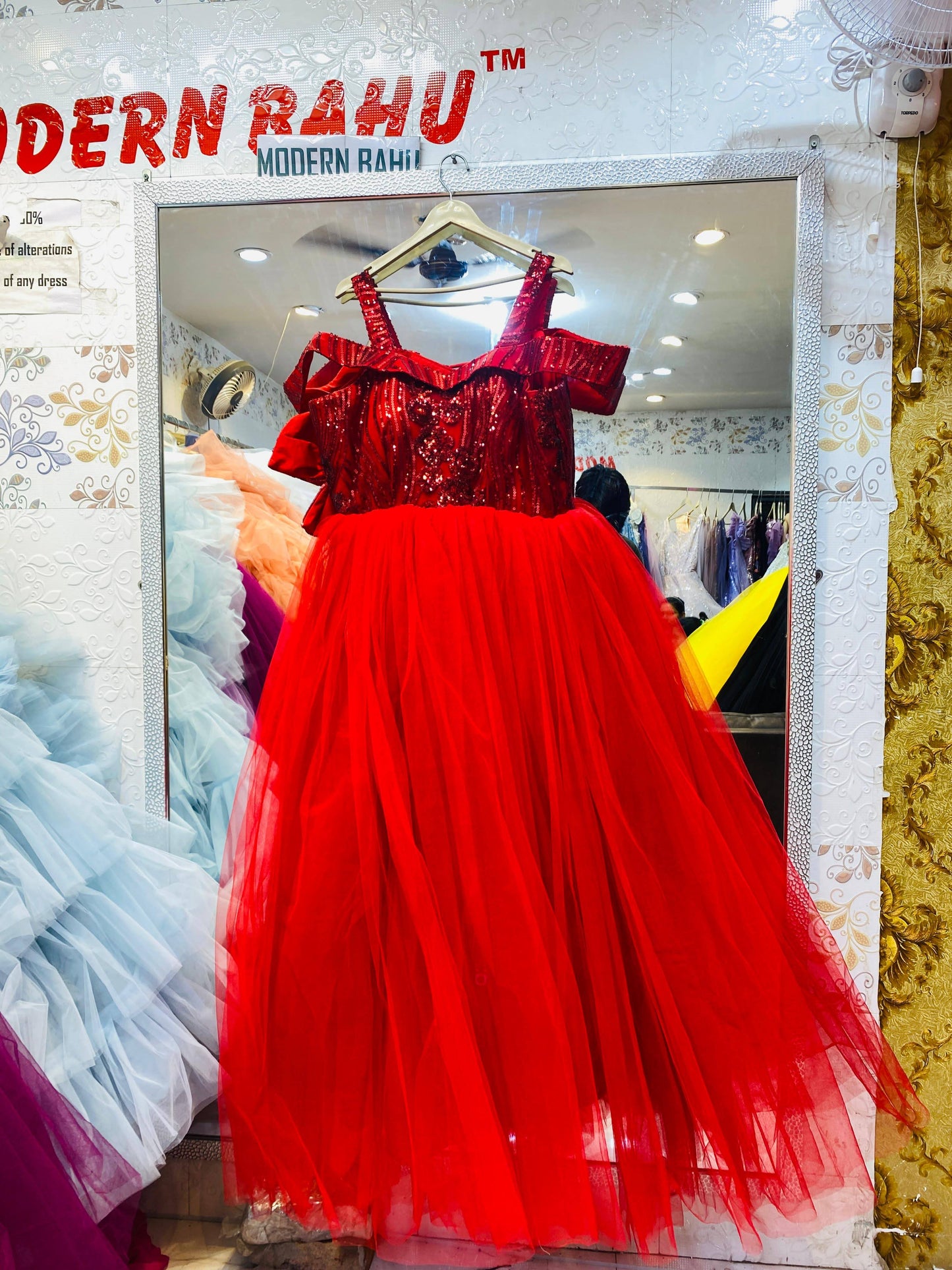 Glamorous Red Sequin Embellished Gown with Pleated Tulle Skirt – Cold Shoulder Evening & Party Wear