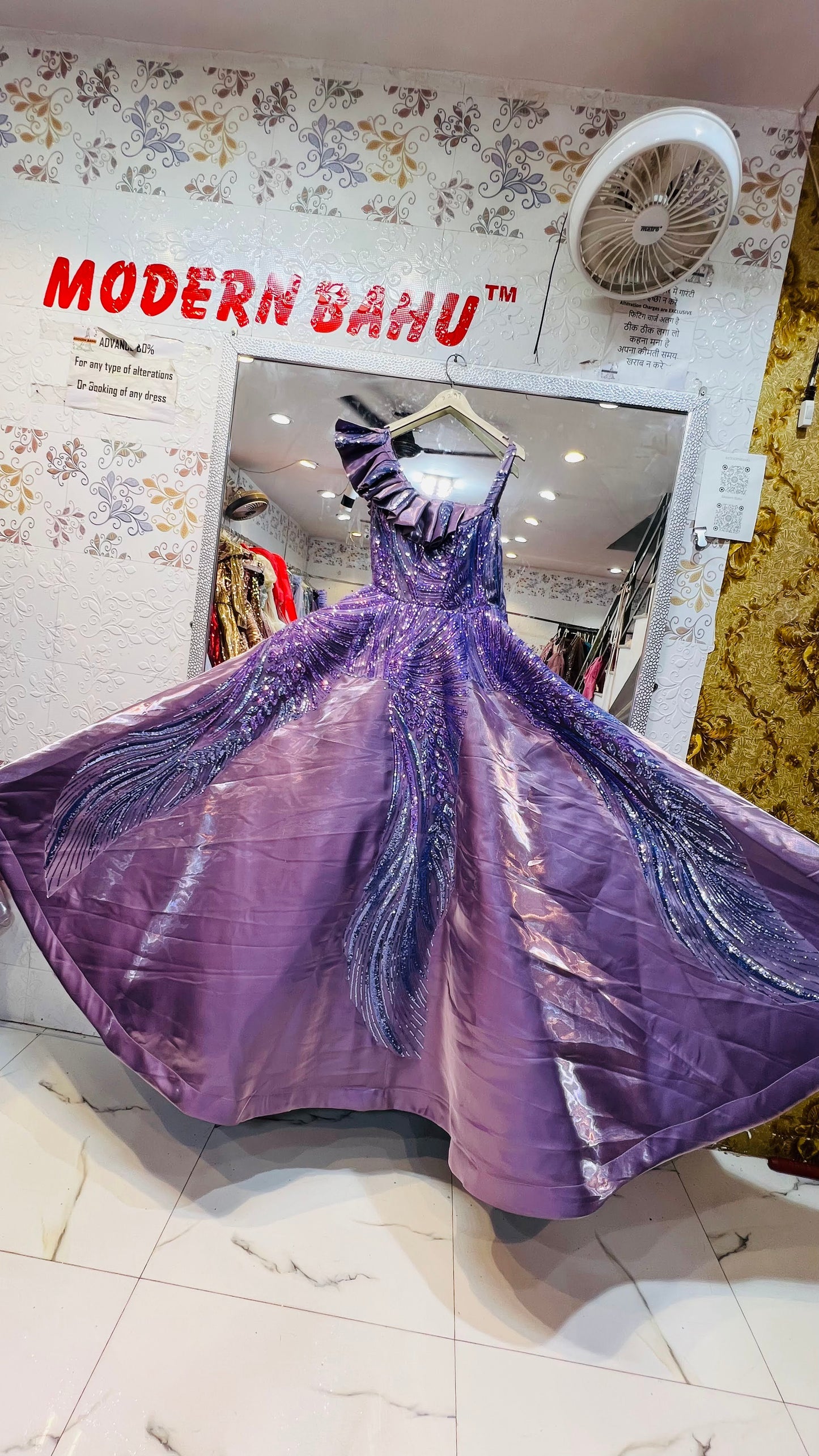 Lavender Purple Sequin Gown with Artistic Wing Pattern Embroidery - Party Wear