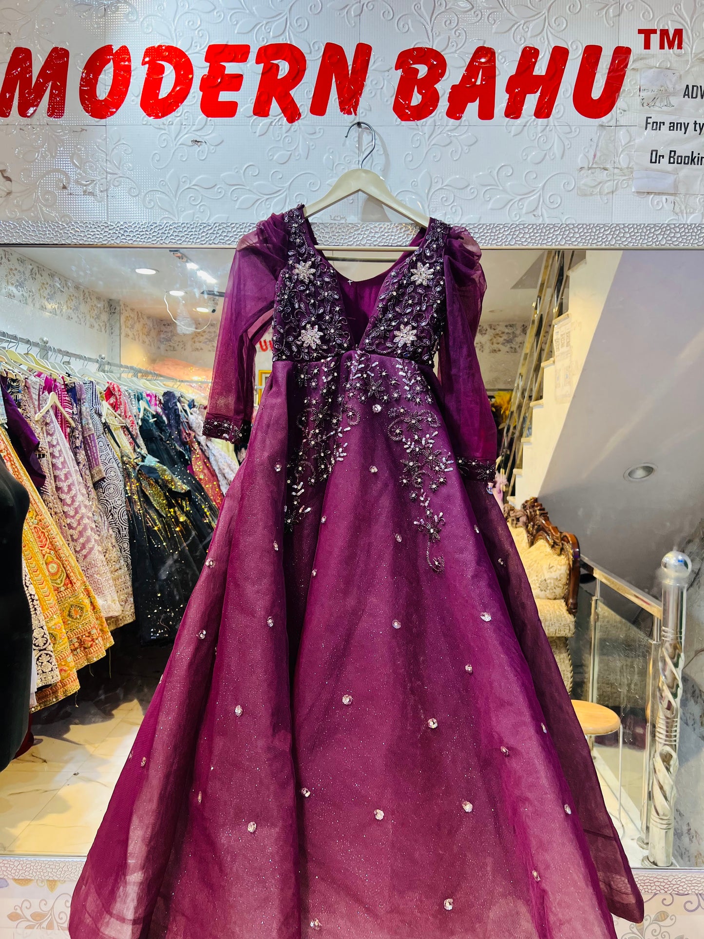 Purple Stone and Sequin Embellished Long Sleeve Ball Gown – Designer Evening Wear