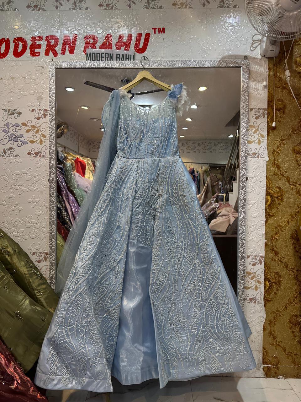 Icy Blue Feather-Shoulder Ball Gown – Silver Sequin Embroidered Evening Dress with Cape Drape