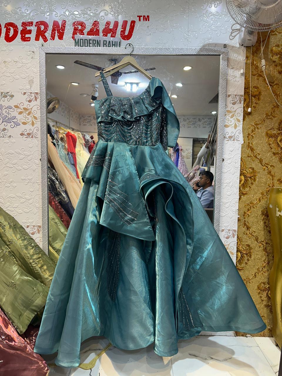 Teal Green One-Shoulder Ruffle Ball Gown – Sequin Embroidered Asymmetric Evening Dress