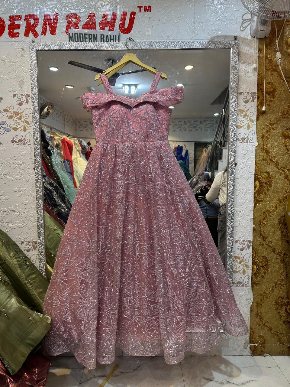 Dusty Pink Geometric Glitter Ball Gown – Cold Shoulder Party Dress with Abstract Triangle Sequin Work