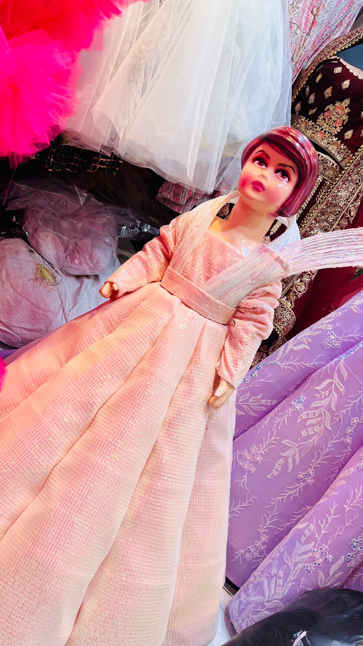 Peach Pink Checkered Sequin Embellished Ball Gown – Designer Party Wear Dress