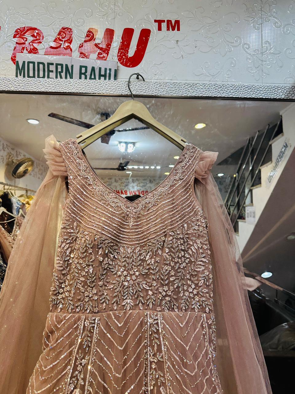 Dusty Pink Chevron Sequin Ball Gown – V-Neck Ruffled Cape Sleeve Evening Dress