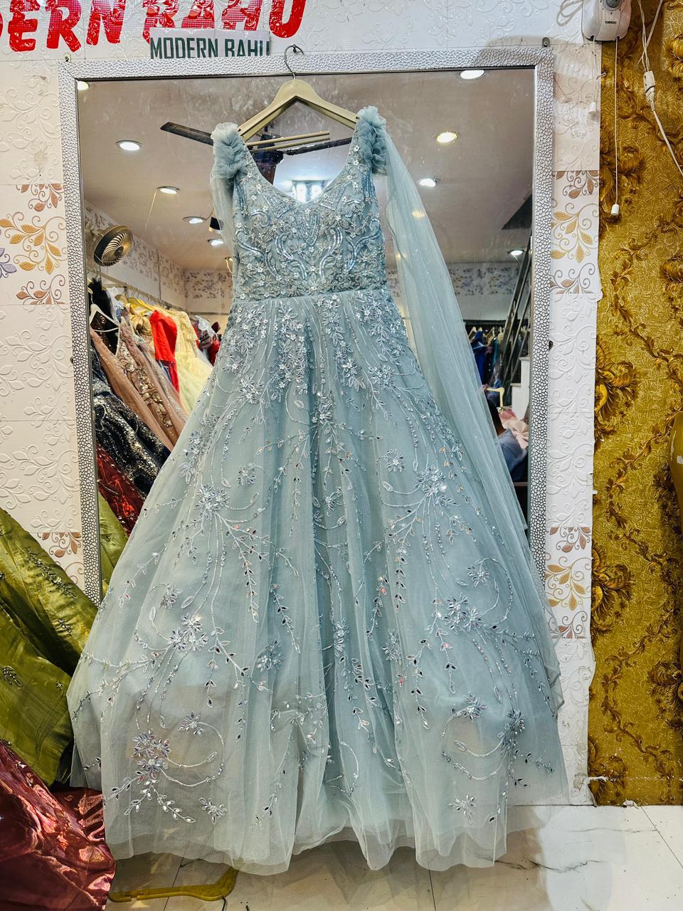 Powder Blue Floral Sequin Ball Gown – Ruffled Shoulder Cape Sleeve Party Dress with Vine Embroidery