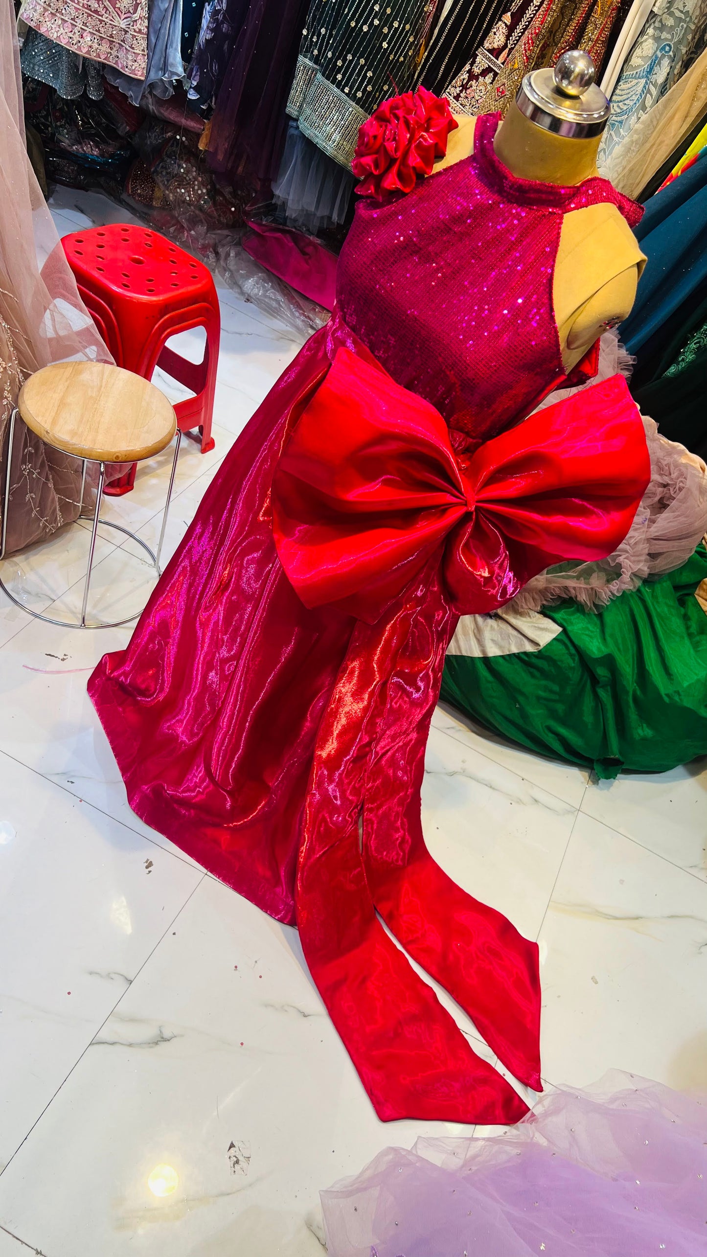 Radiant Hot Pink Sequin and Metallic Shimmer Gown with Statement Bow – Designer Evening Wear