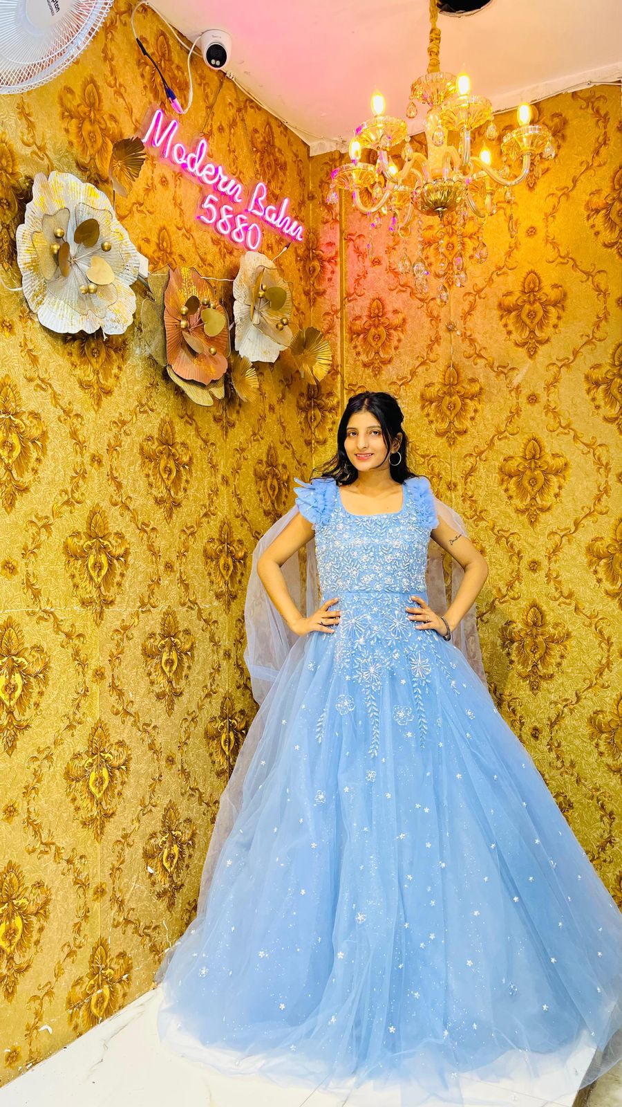 Fairytale Sky Blue Tulle Ball Gown with Ruffled Straps & Detachable Cape – Princess Engagement Dress