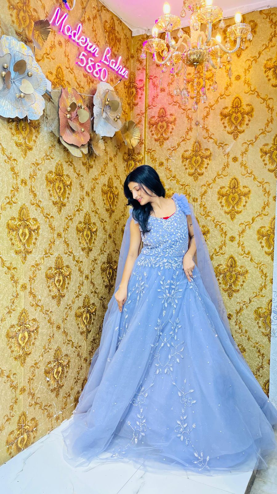 Fairytale Sky Blue Tulle Ball Gown with Ruffled Straps & Attached Cape Wings – Princess Engagement Dress