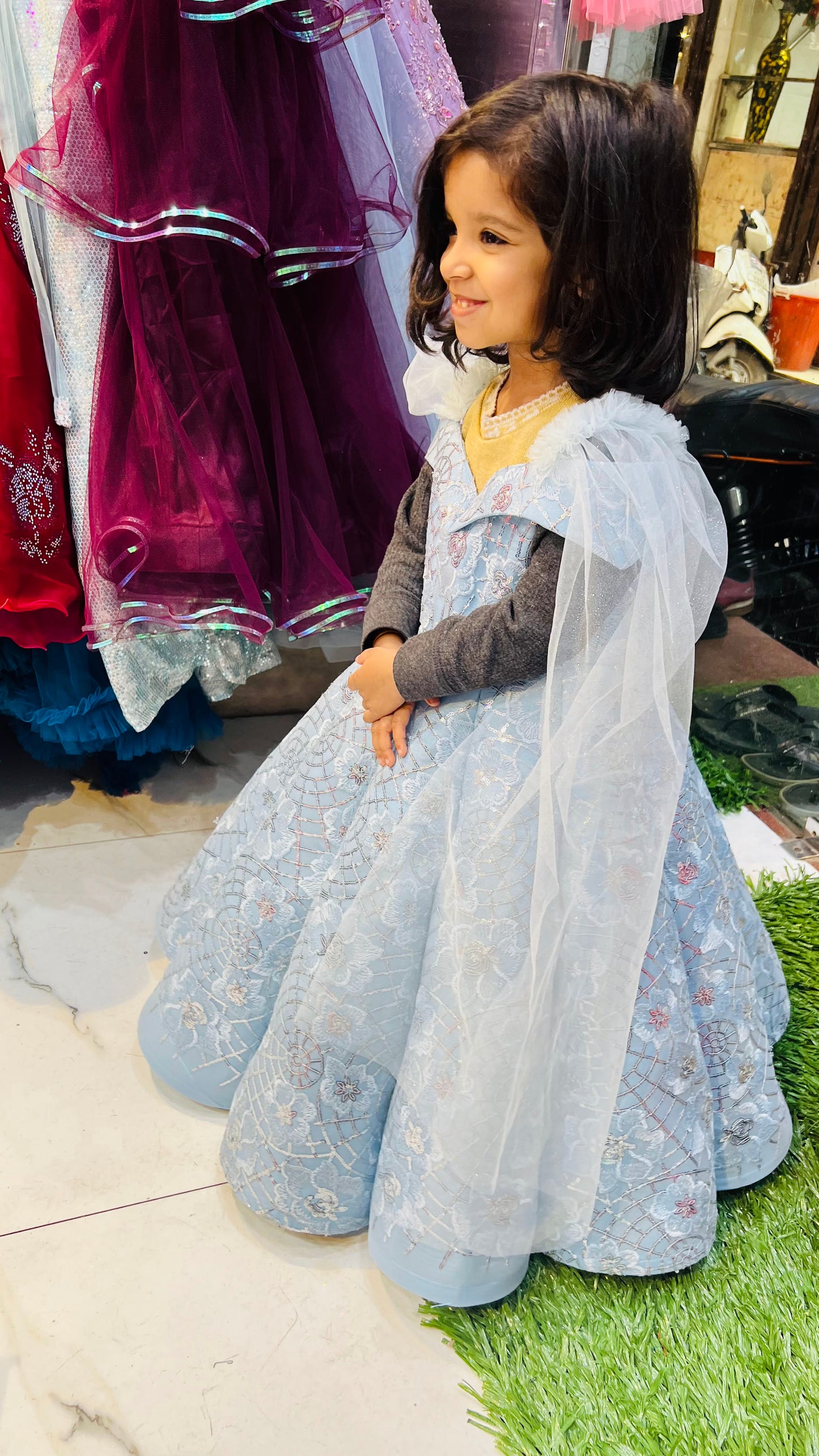 Ice Blue Sequin Embellished Off-Shoulder Ball Gown – Designer Party Wear Dress