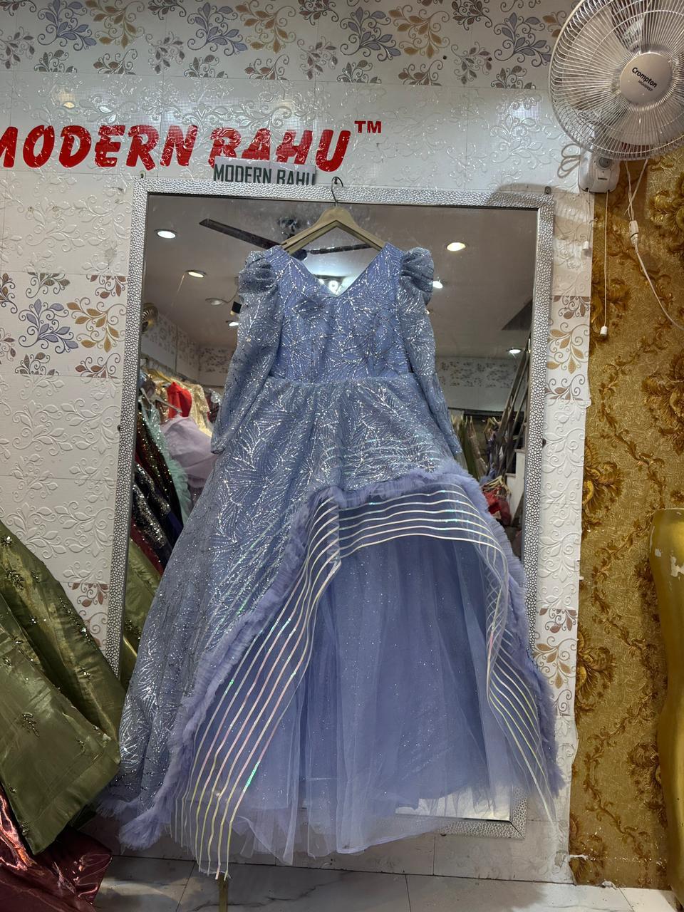 Periwinkle Blue Sparkly High-Low Ball Gown – Glitter Tulle V-Neck Party Dress with Puff Sleeves