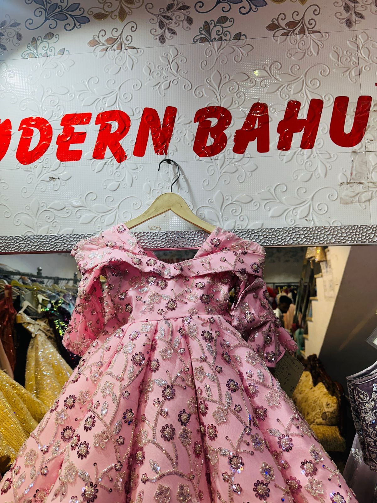 Kids Luxury Pink Sequin Embroidered Off-Shoulder Ball Gown | Floral Party Wear Princess Dress