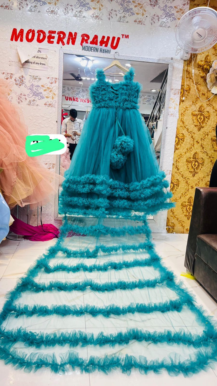 Girls Teal Blue Ruffled Tulle Gown with Long Train
