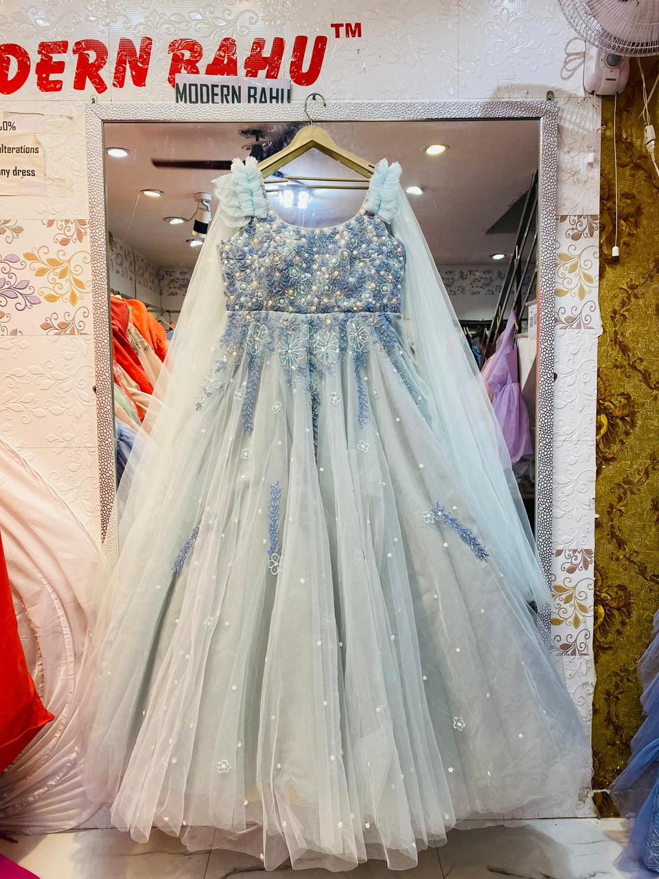 Ice Blue Pearl & Sequin Embroidered Ball Gown – Ruffled Shoulder Cape Sleeve Party Dress