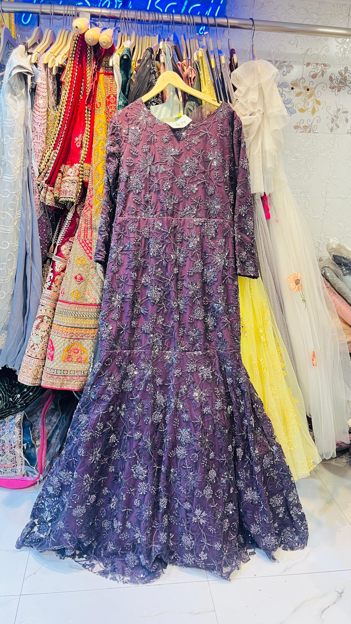 Elegant Dusty Purple Mermaid Gown with Intricate Floral Beadwork & Long Sleeves – Premium Evening Wear