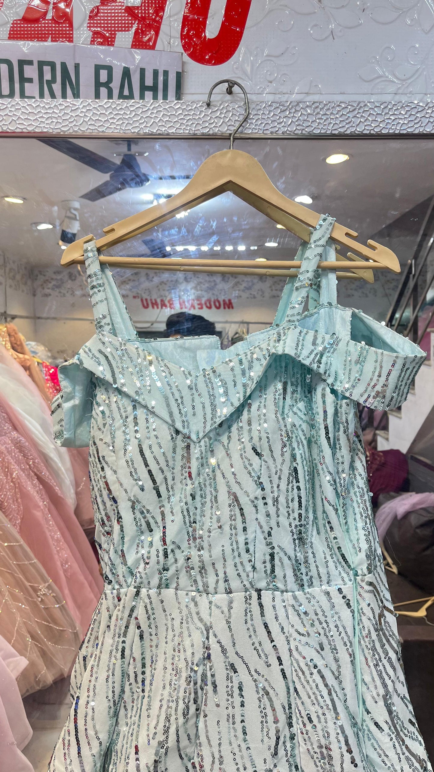 Ice Blue Cold-Shoulder Sequin Gown