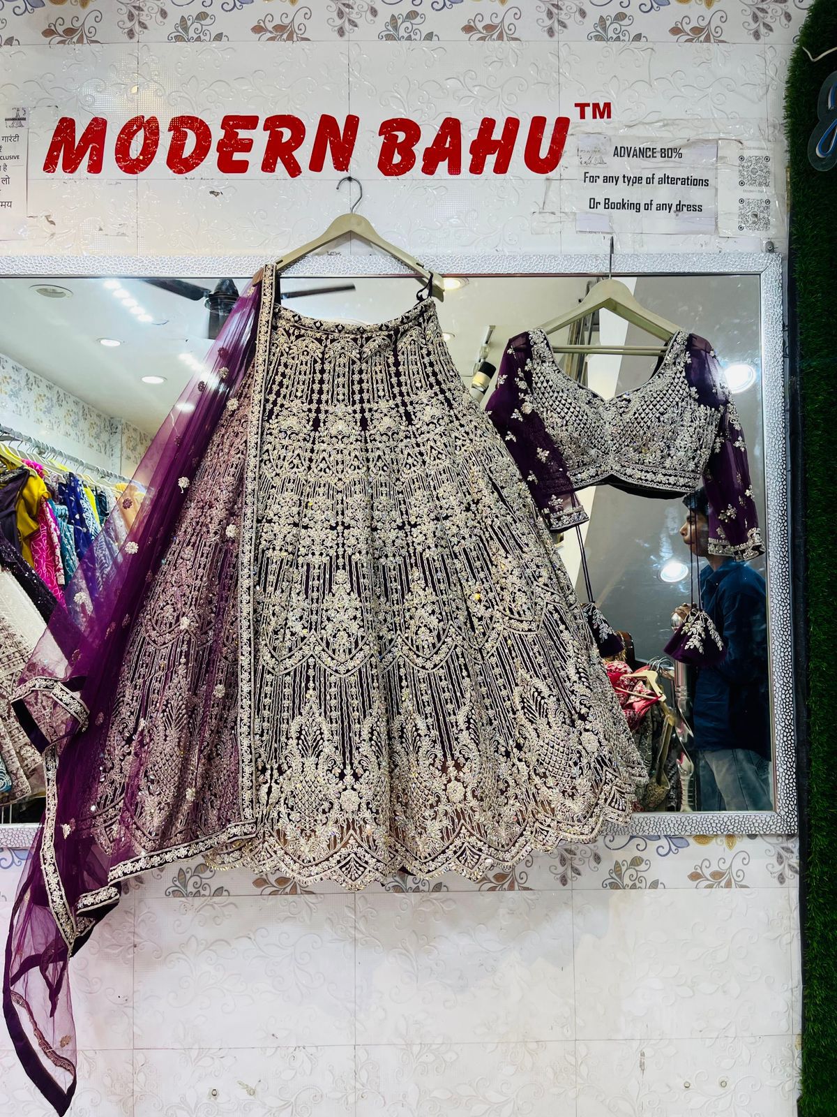 Deep Purple Heavy Embroidered Velvet Lehenga Choli – Silver Zari Bridal Wedding Wear