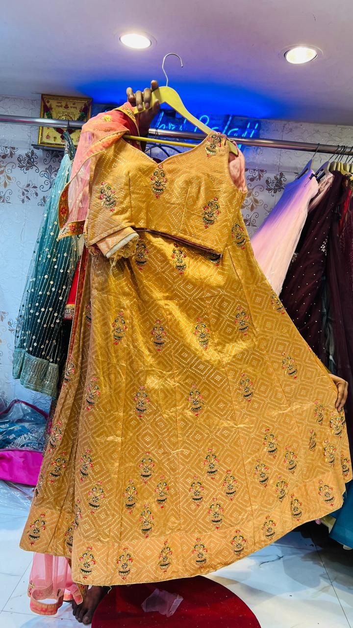 Vibrant Mustard Yellow Art Silk Lehenga Choli with Geometric Weave & Floral Embroidery – Haldi & Festive Wear