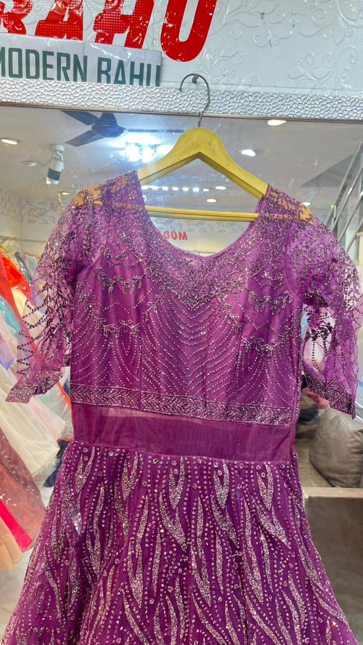 Shimmering Purple Sequin Embellished Net Gown | 3/4 Sleeve Party Wear Evening Dress