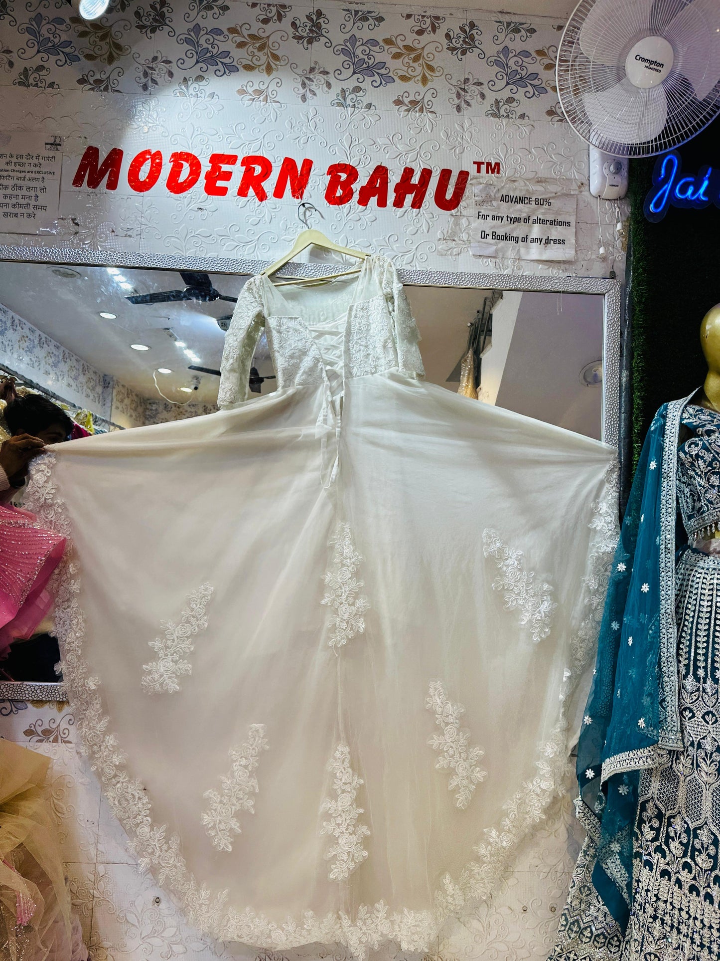 Angelic Ivory White High-Low Lace Gown with Long Trail – Kids Party Wear