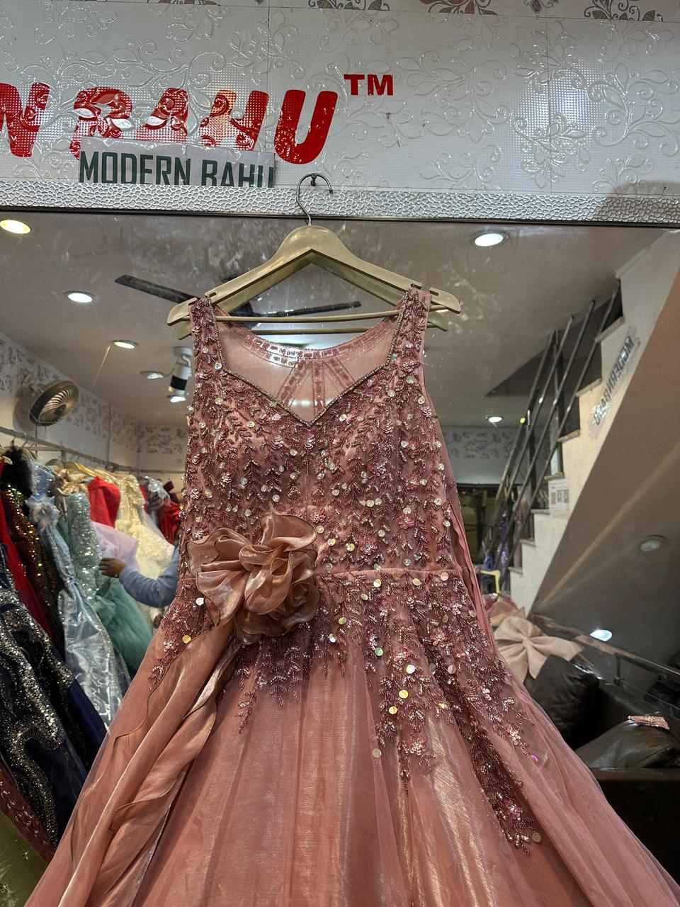 Dusty Pink 3D Rosette Ball Gown – Sequin Embroidered V-Neck Party Dress with Floral Waist Detail