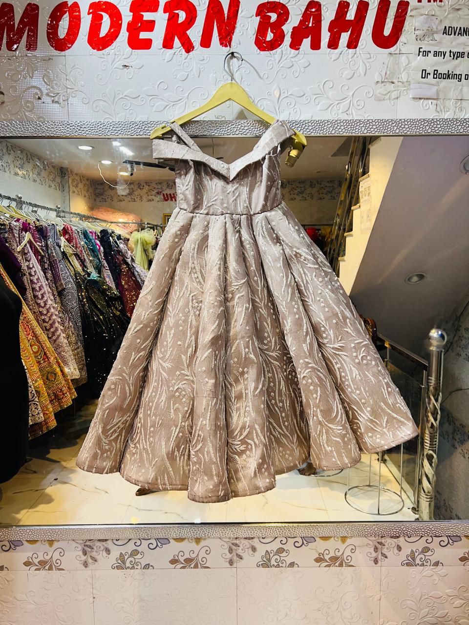 Elegant Dusty Pink Off-Shoulder Jacquard Box-Pleated Gown – Designer Party Wear