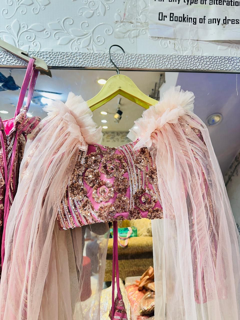 Pink Sequin Lehenga Choli with Floor-Length Ruffled Cape Sleeves | Designer Indo-Western Party Wear