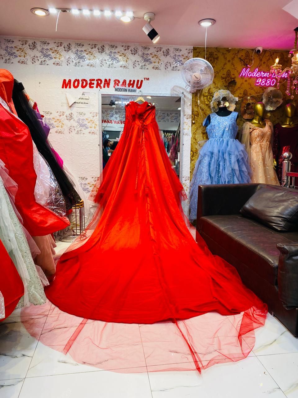 Red Satin Gown with Dramatic Long Net Train