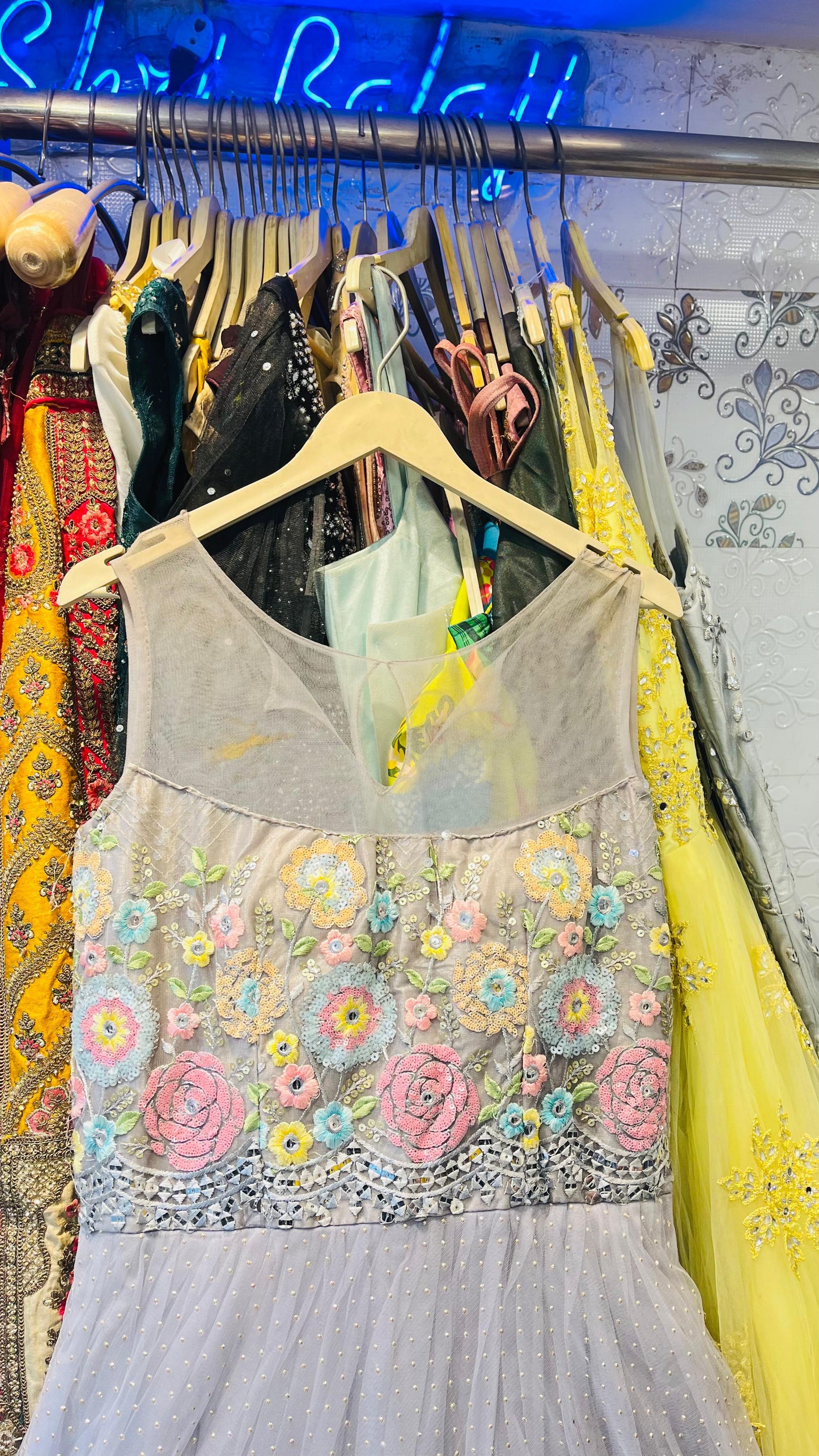 Chic Grey Tulle Gown with Pastel Floral Embroidery & Mirror Work Waist – Contemporary Party Wear