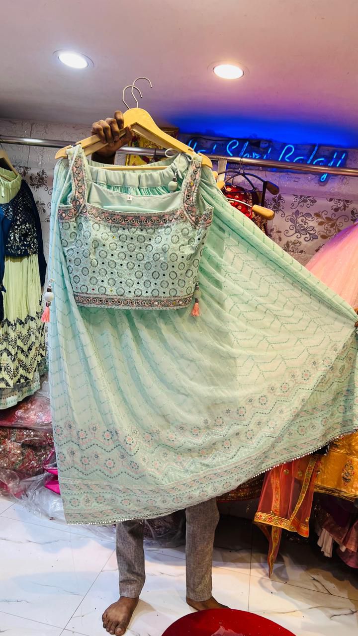 Refreshing Mint Green Georgette Lehenga Choli with Mirror Work & Chevron Embroidery – Party Wear