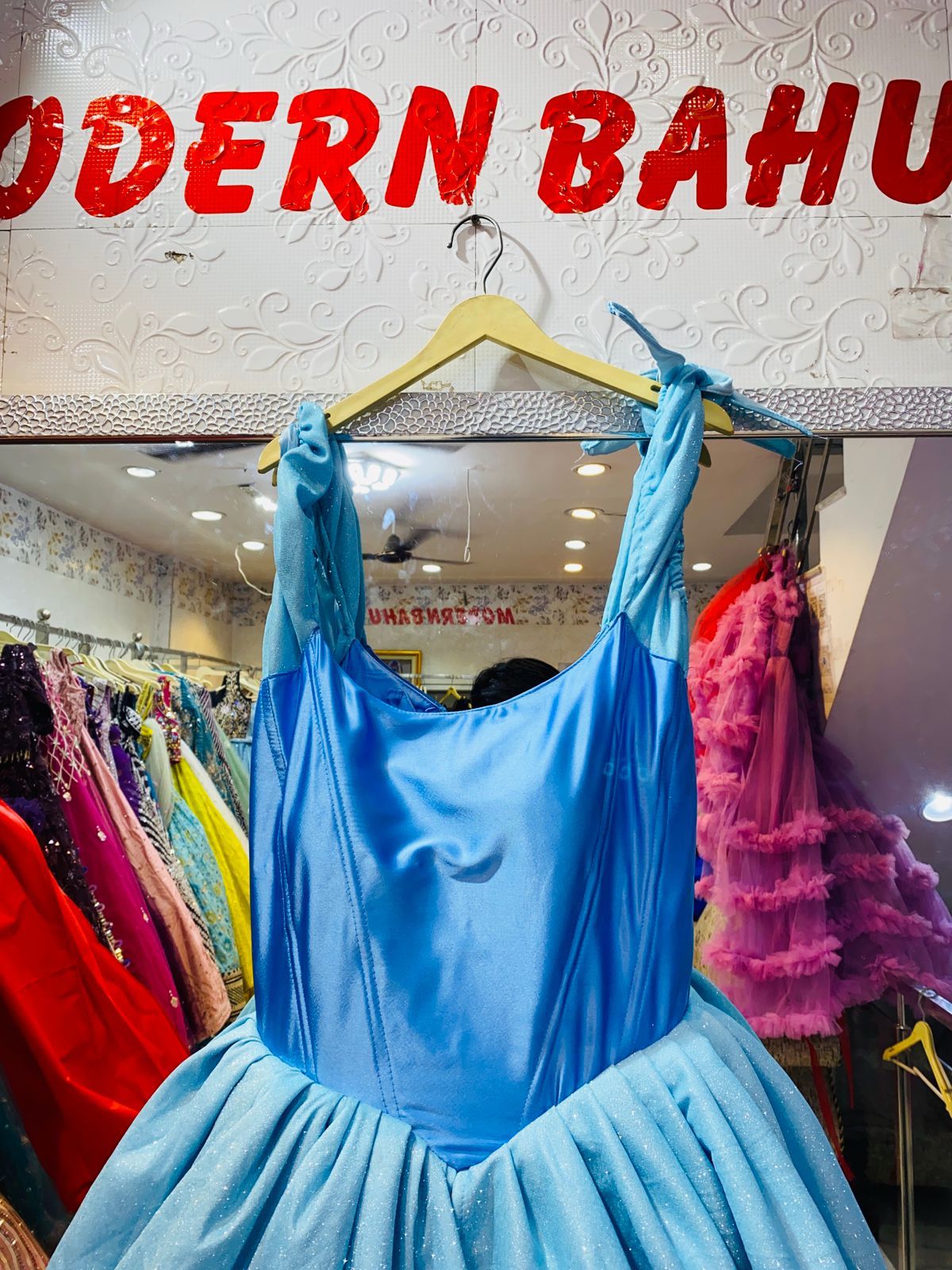 Sky Blue Cinderella Ball Gown – Glazed Satin & Shimmer Net Princess Dress for Engagement & Reception