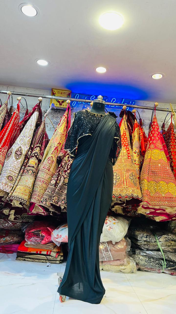 Dark Green Ready-to-Wear Saree Gown – Black Sequin Cape Blouse with Gold Tassel Detail