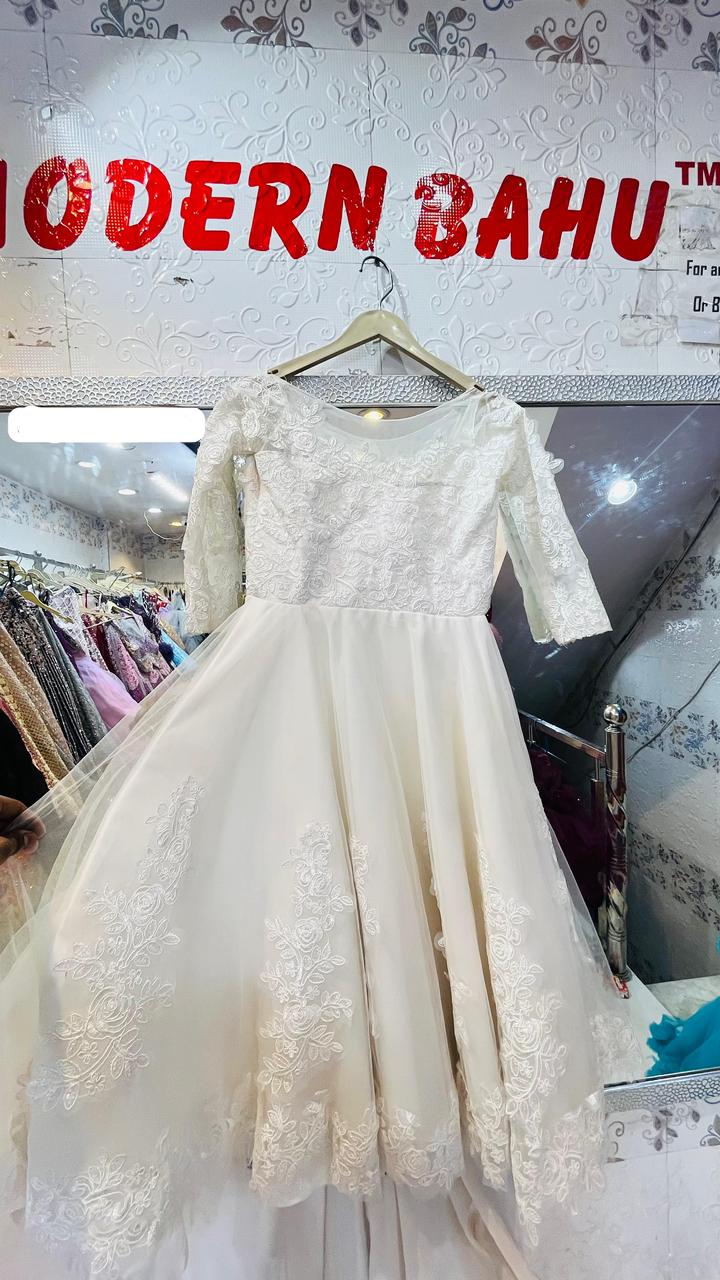 Timeless Cream Tulle Flower Girl Gown with Intricate Floral Lace Embroidery & Sheer Sleeves – Luxury Kids Occasion Wear