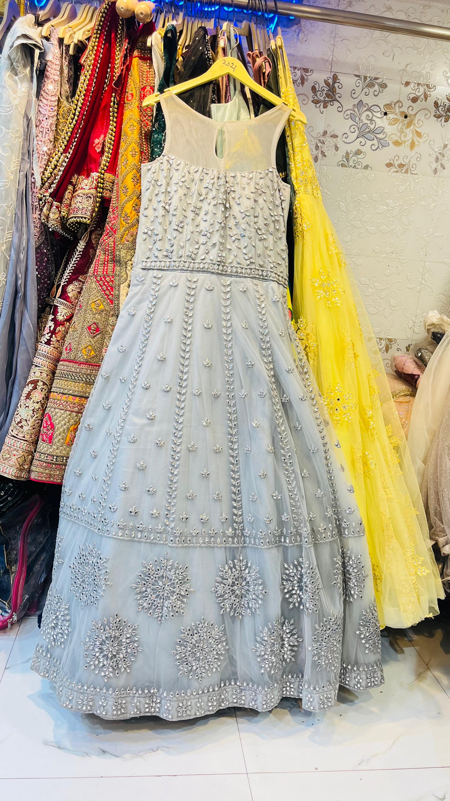 Ethereal Silver-Grey Tulle Gown with Intricate Mirror & Sequin Embroidery – Luxury Evening Party Wear