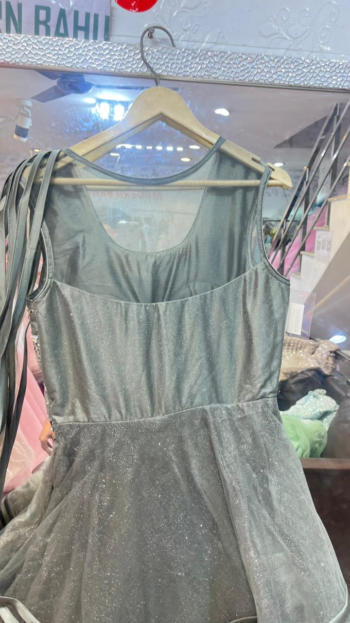 Grey Heavy Embroidered Net Gown | Designer Satin Stripe Skirt Party Wear Dress with Attached Drape