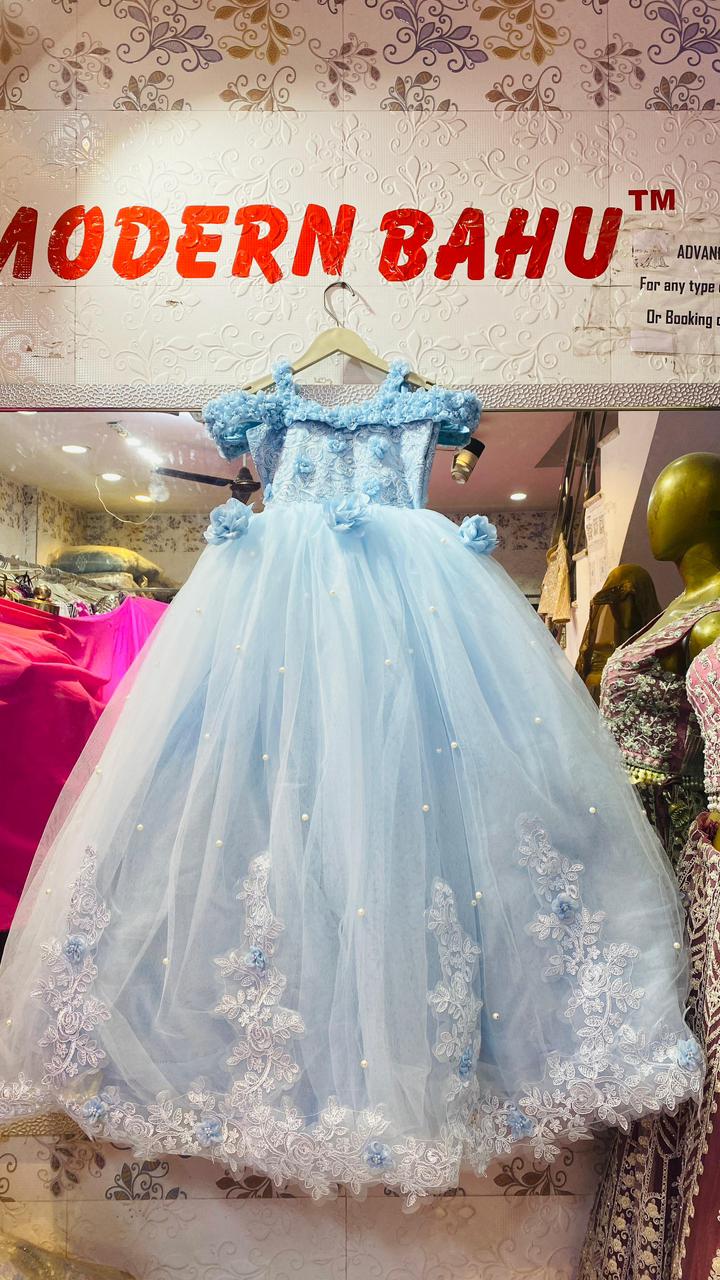 Cinderella Blue Tulle Ball Gown for Girls with 3D Floral Appliqués & Pearl Embellishments