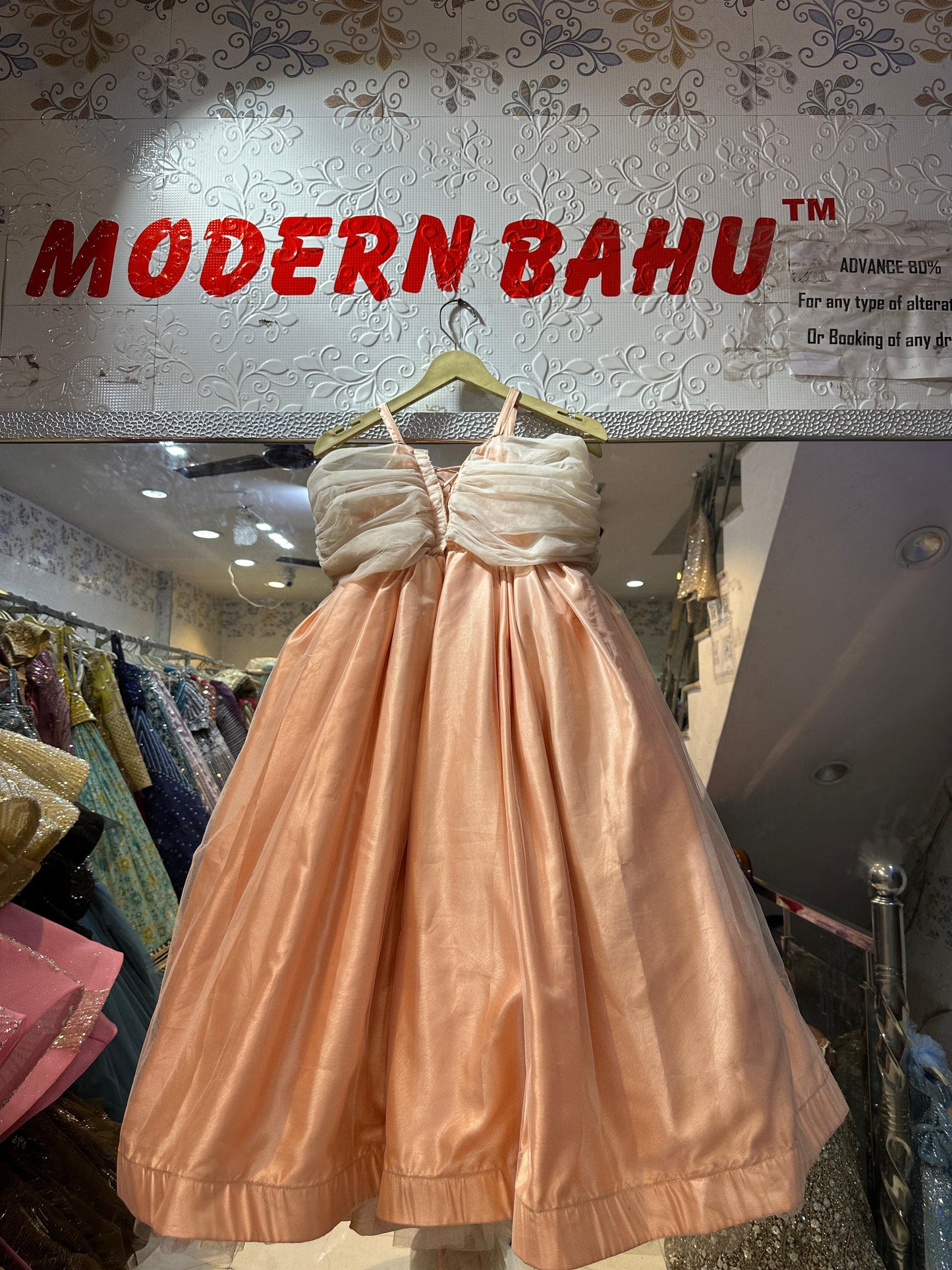 Dreamy Peach Satin & Tulle Kids Ball Gown with Ruched Bodice – Princess Birthday Wear