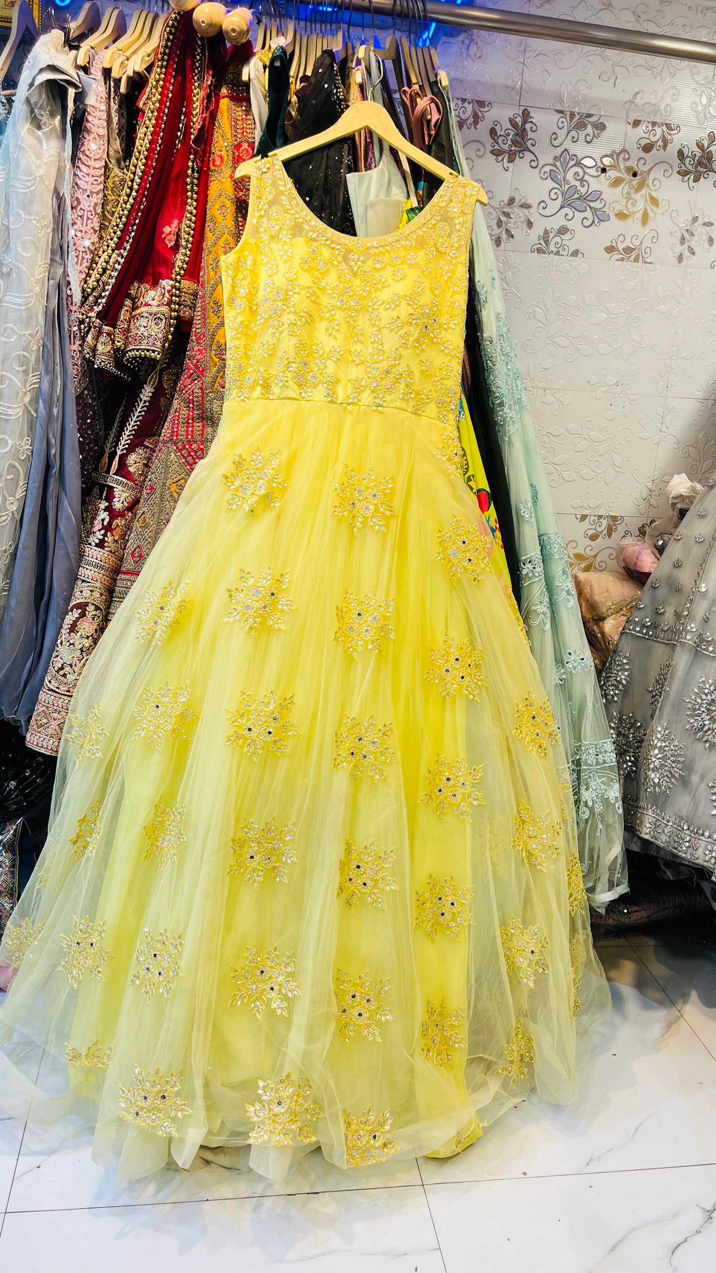 Radiant Lemon Yellow Tulle Gown with Sparkling Mirror Work & Floral Embroidery – Ideal for Haldi & Sangeet
