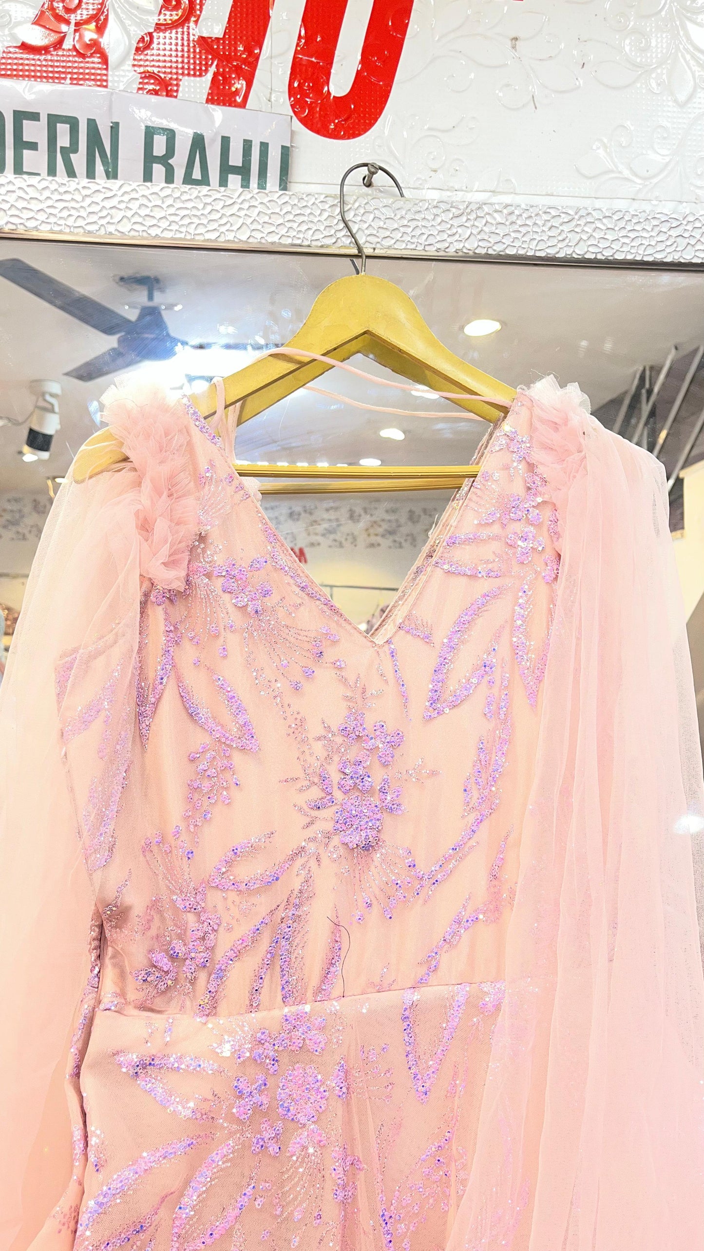 Blush Pink & Lavender Sequin Floral Gown | V-Neck Evening Dress with Sheer Cape Drapes