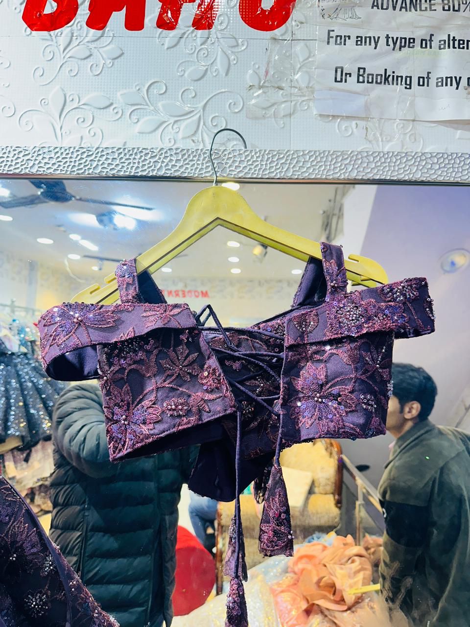 Wine Purple Sequin Floral Lehenga Choli | Off-Shoulder Bow Top Designer Party Wear