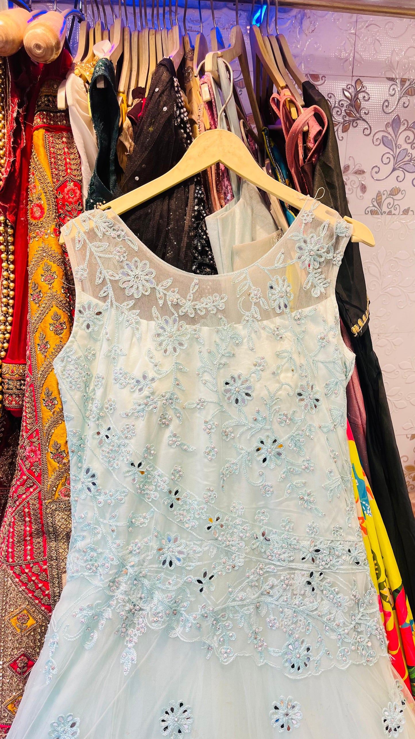 Ethereal Aqua Blue Tulle Gown with Delicate Mirror Work & Floral Vine Embroidery – Pastel Party Wear