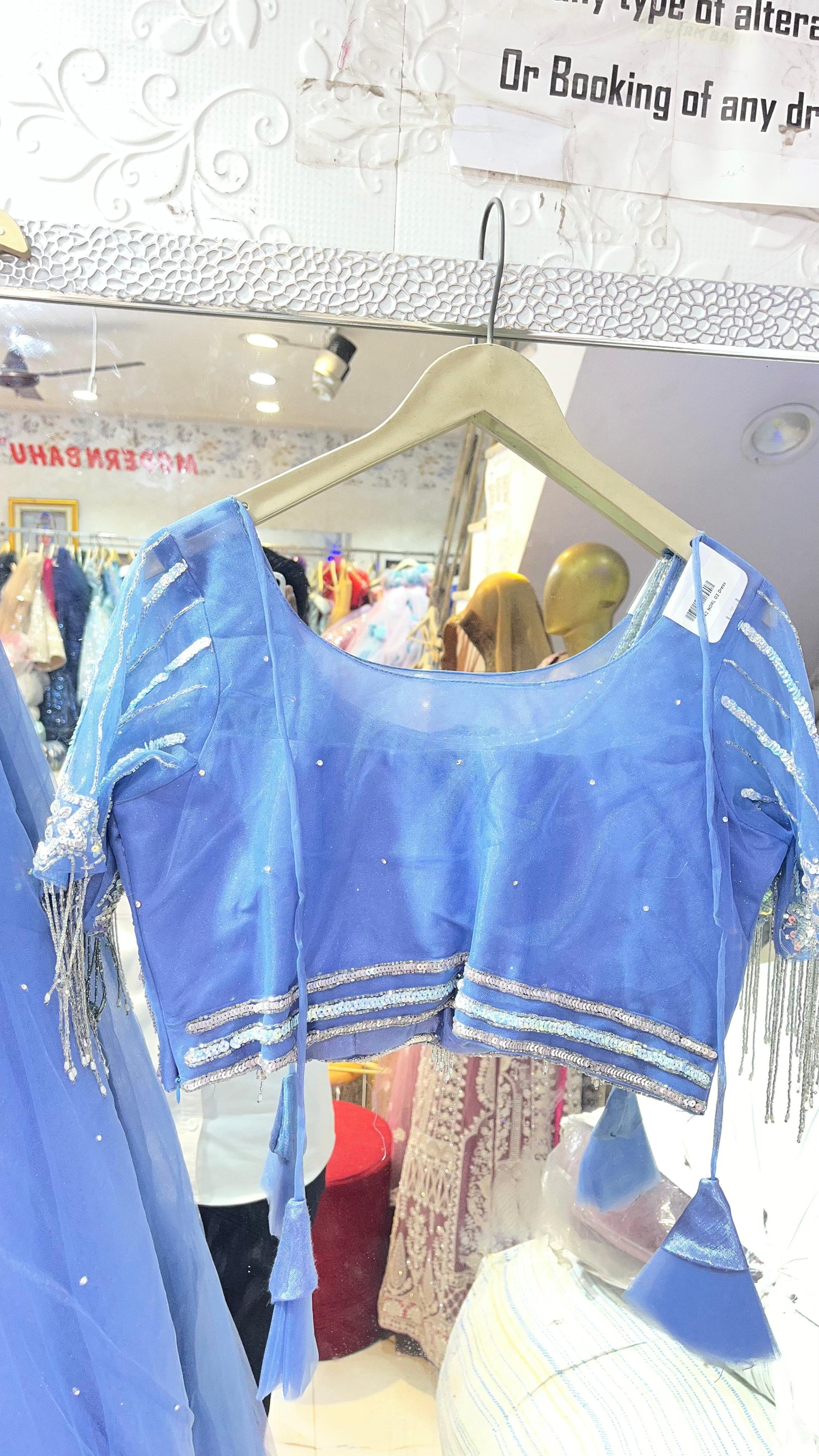 Dreamy Periwinkle Blue Net Lehenga Choli with Heavy Sequin & Fringe Blouse – Party Wear