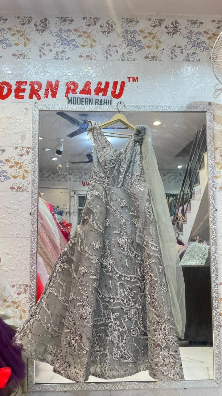 Grey Silver Heavy Embroidered Net Gown | Designer Sequin Party Dress with 3D Flower & Attached Drape