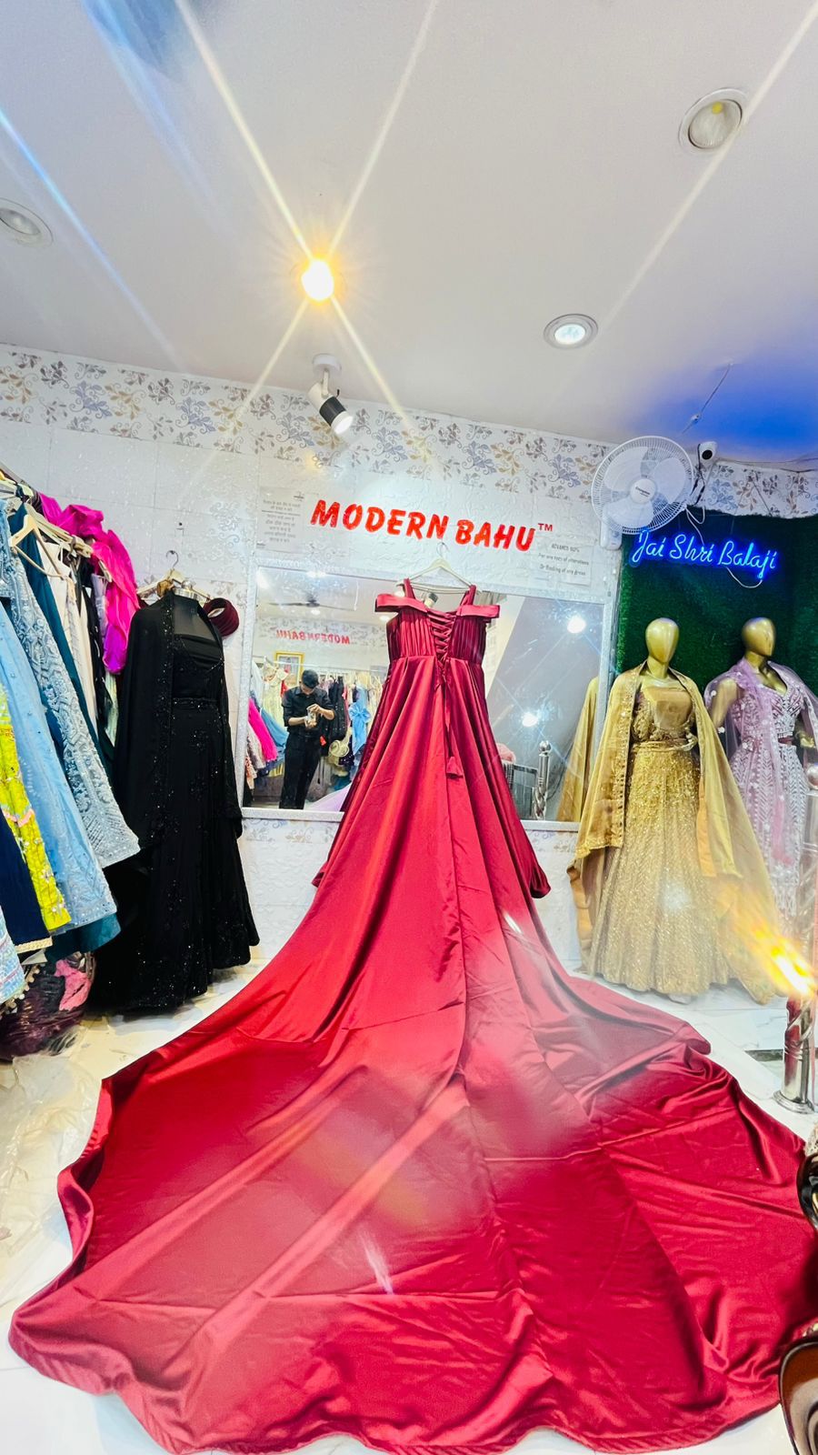 Deep Red Satin Off-Shoulder Ball Gown with Long Train & Corset Back | Luxury Evening & Reception Wear