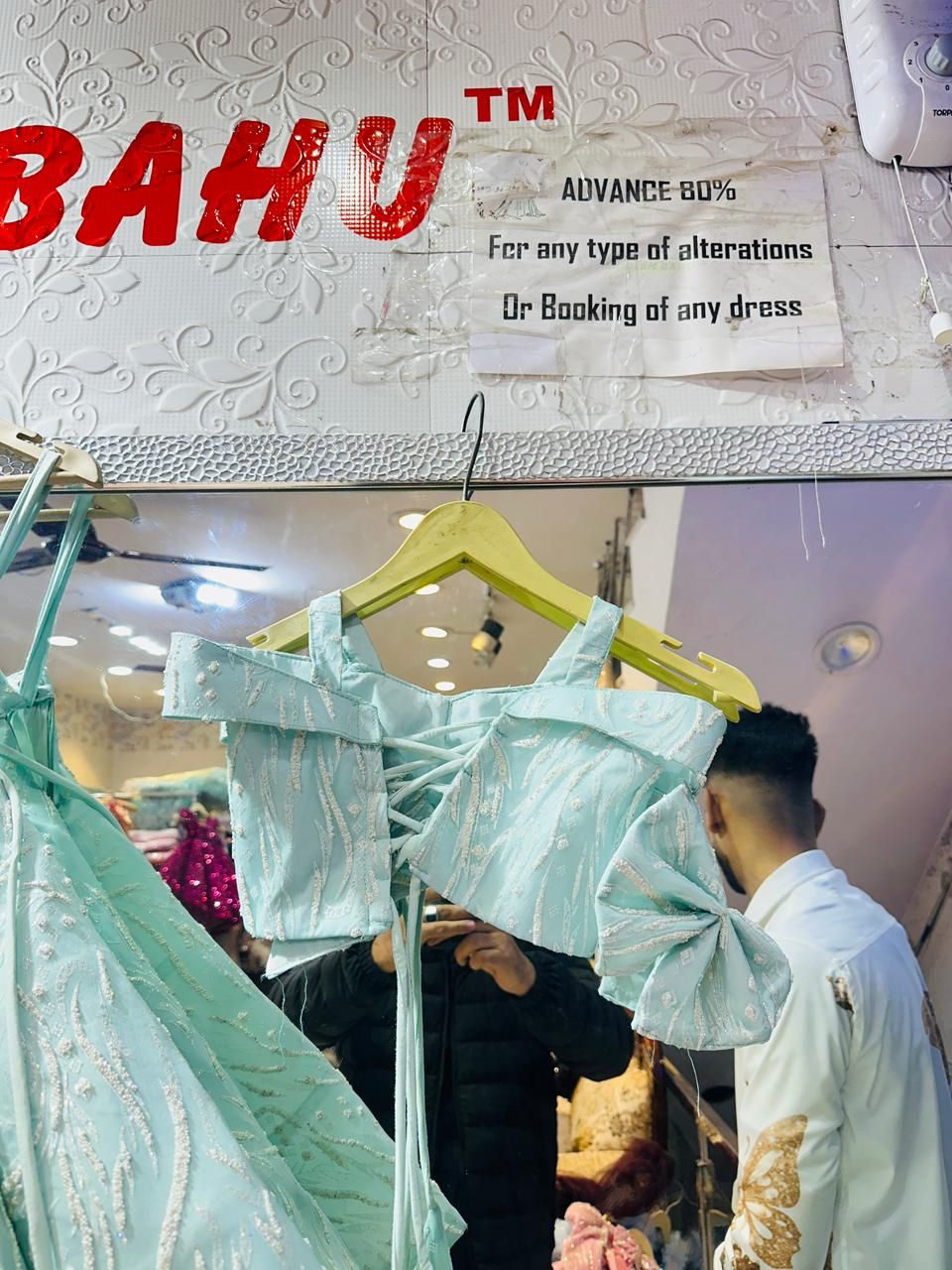 Mint Green Embroidered Lehenga Choli | Off-Shoulder Bow Sleeve Designer Party Wear