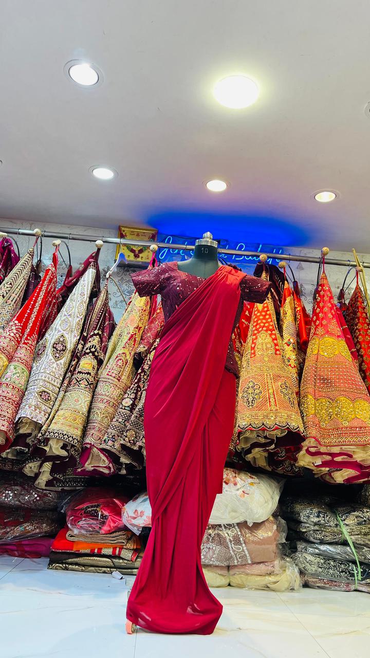 Maroon Sequin Peplum Ready-to-Wear Saree – Wine Red Indo-Western Party Gown