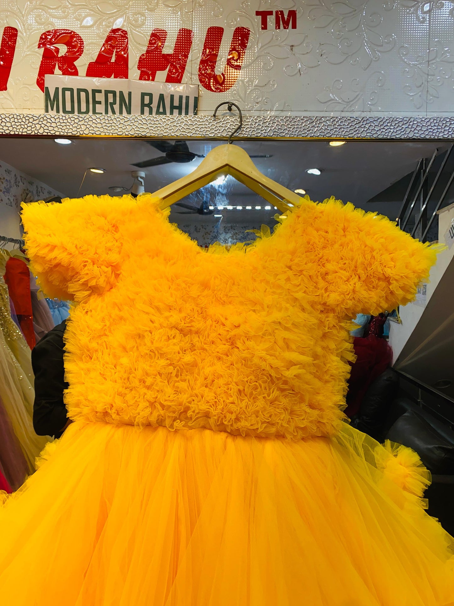 Sunshine Yellow Cloud Ruffled Ball Gown with 3D Texture – Haldi & Party Wear