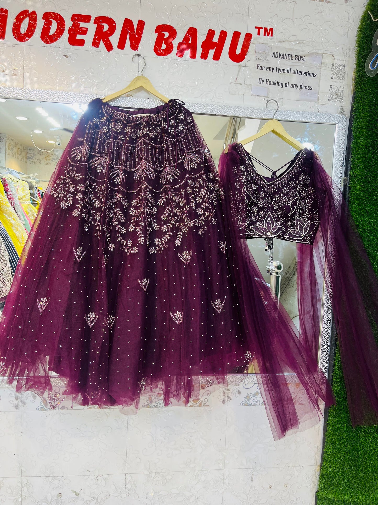 Wine Color Crop Top Lehenga with Heavy Handwork & Printed Design