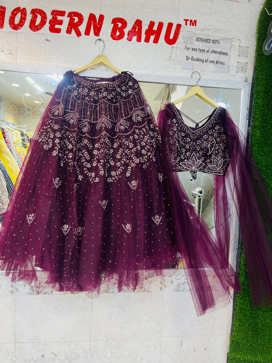 Wine Color Crop Top Lehenga with Heavy Handwork & Printed Design