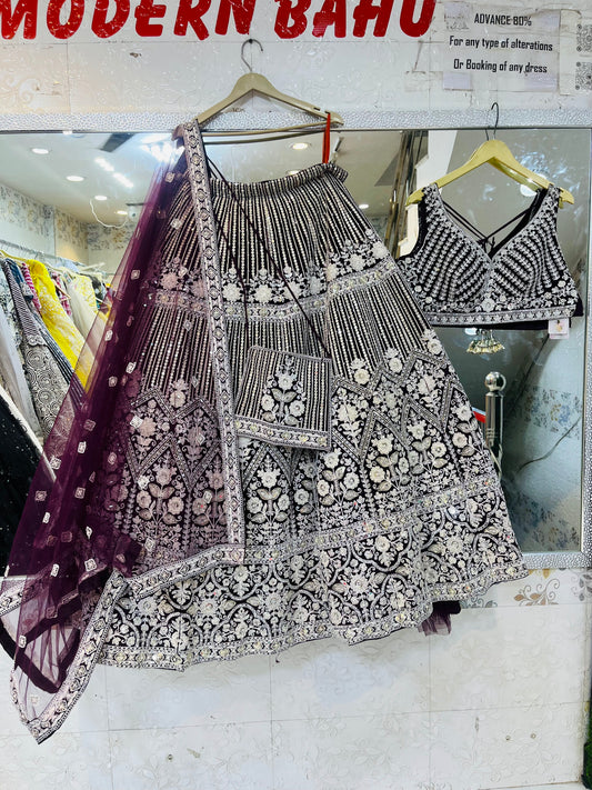 Wine Color Crop Top Lehenga with Heavy Handwork & Printed Detailing