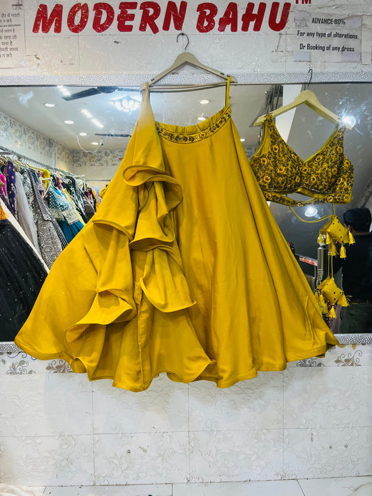 Designer Yellow Crop Top Lehenga with Handwork & Print Detailing